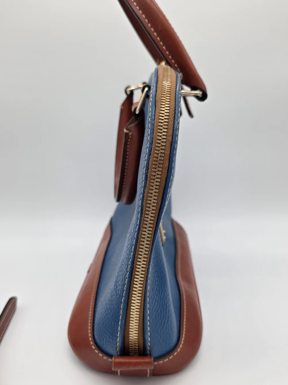 Dooney & Bourke Blue and Brown Leather Dome Satchel with Strap